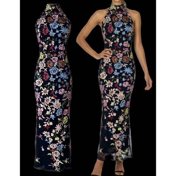 Lulus Black 3D Floral Embroidered Halter Infinite Praise Maxi Dress Size M - Picture 7 of 13
